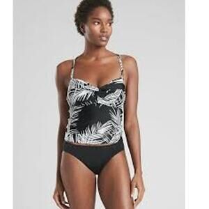 Athleta retro palm black and white tankini swim top Womens size 34 B/C underwire